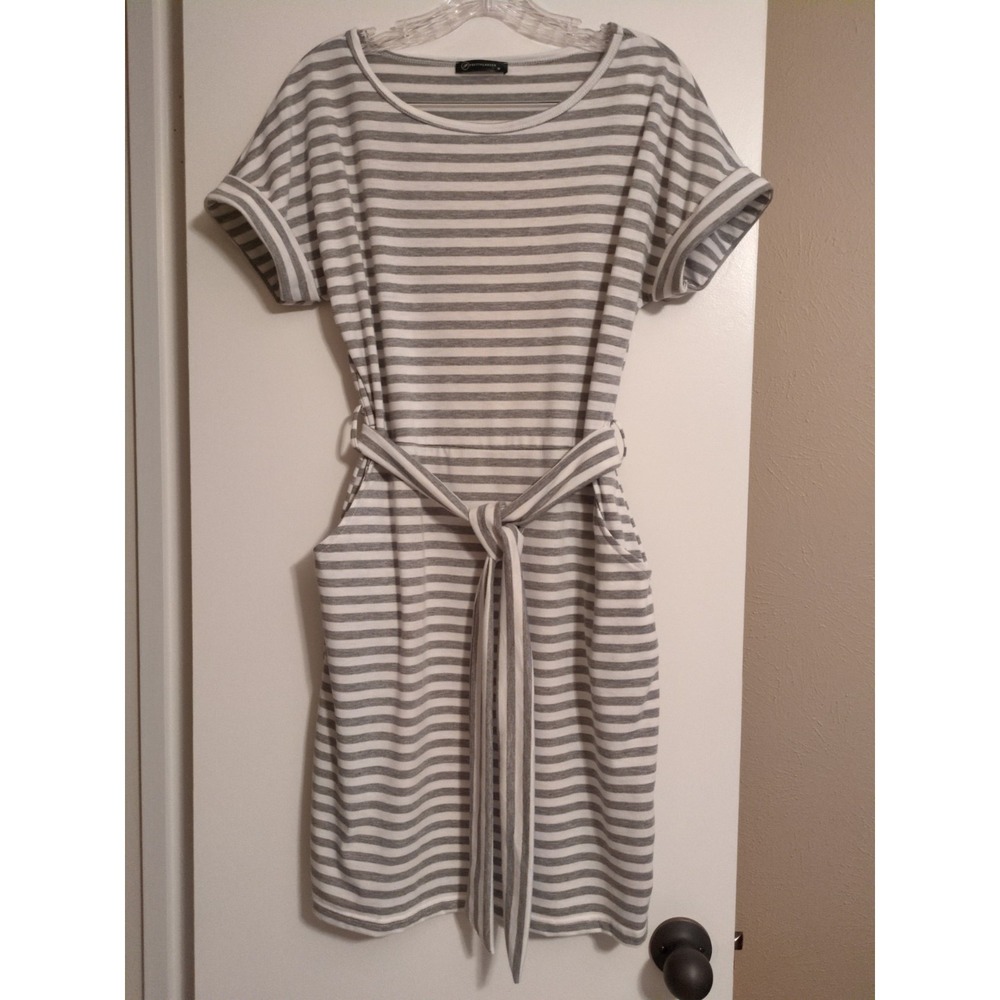 Pretty Garden Woman's Dress Grey/White Stripe Medium